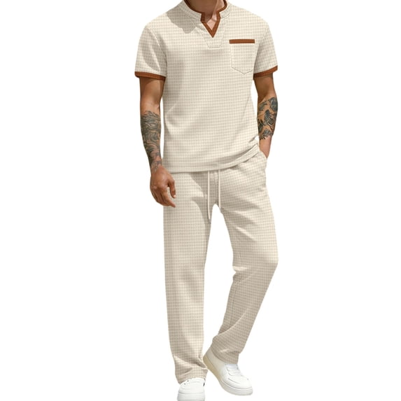 mihongmao Summer Mens Outfits Gym Sets Vacation Outfits Men's Solid Color Short Sleeve V-neck Pocket T-shirt Straight Pants Set Khaki 3X