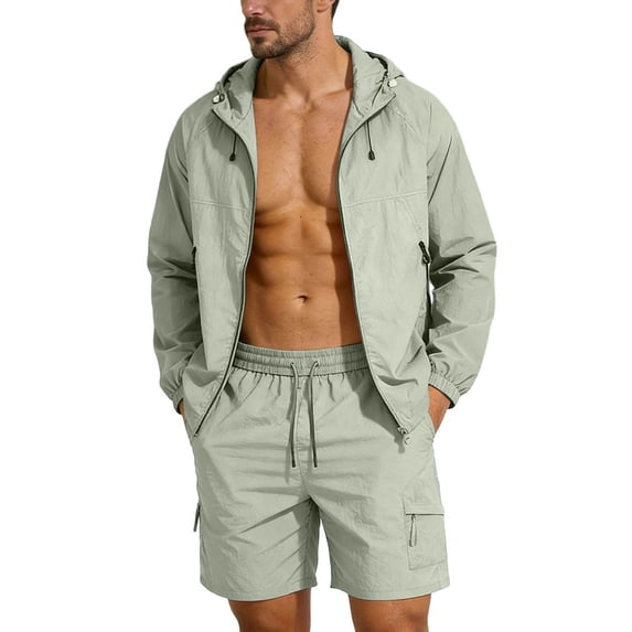 mihongmao Summer Mens Sets Gym Sets Men's Solid Color Long Sleeve Hooded Zipper Pullover Jacket with Ice Silk Shorts and Sunscreen Clothing Set Green M