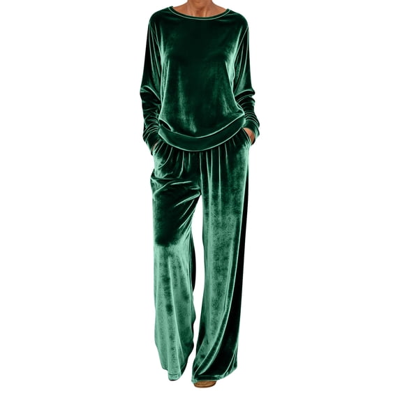 mihongmao Summer Outfits 2 Piece Sets for Women Dressy Women's Casual Loose-fitting Round Neck Pullover Long-sleeved Trousers Velvet Suit Green S