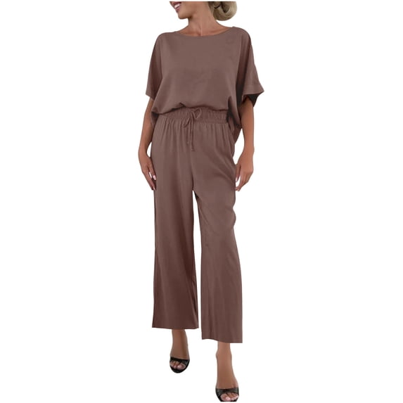 mihongmao Summer Outfits For Women Beach Outfits Fashion Women Short Sleeve And Long Pants Casual 2PC Sets With Pockets Coffee M