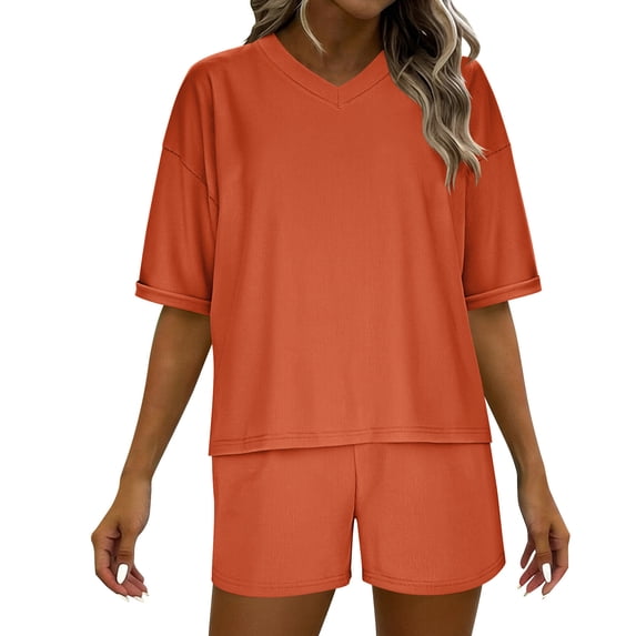 mihongmao Summer Outfits Travel Outfits for Women 2 Piece Sets Casual Loose V-neck Striped Suit Can Be Worn As Outerwear Or Home Wear Orange L