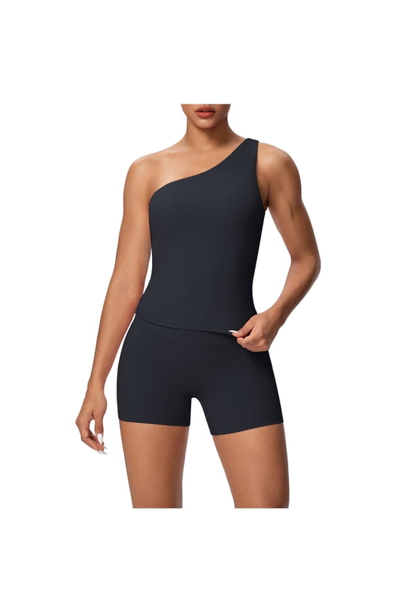 Summer Outfits Workout Sets Summer Outfits for Women Yoga Sets Off The Shoulder Women's Yoga Fashion Solid Color Sports Outfit High Waist and Pants Set for Outdoor Black L