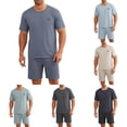 thumbnail image 1 of mihongmao Summer Outfits for Men Casual Solid Color Round Neck Button Down Short Sleeved Shirt Loose Waist Shorts Set Black 2X, 1 of 4