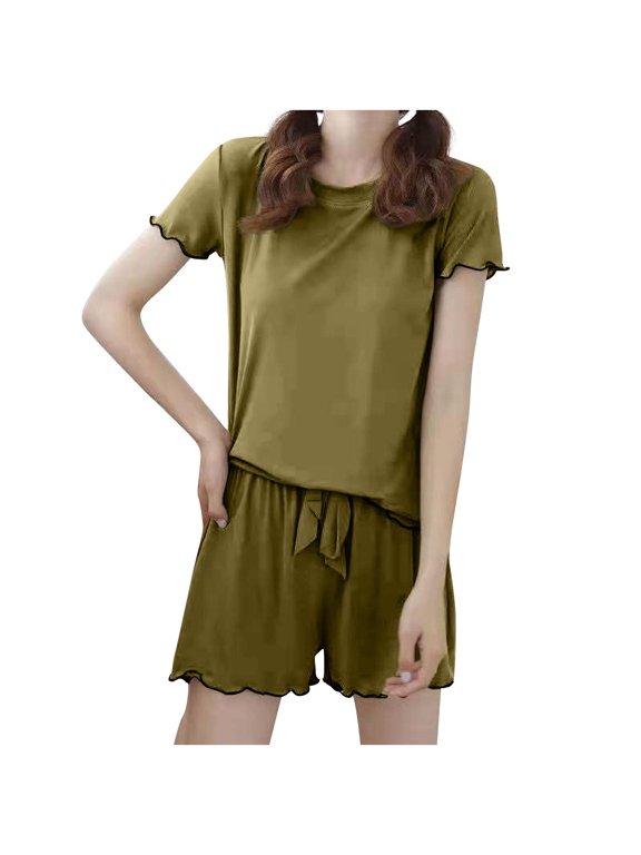 Summer Pilates Outfits for Women Spring Outfits Women Casual Knitted Streak Round Neck Short Sleeve Shorts Home Set Green Free Size