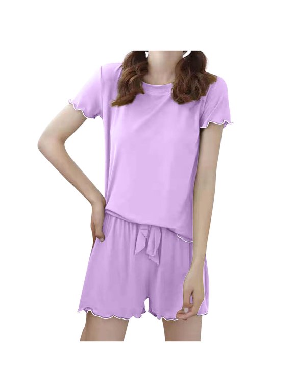 Summer Pilates Outfits for Women Spring Outfits Women Casual Knitted Streak Round Neck Short Sleeve Shorts Home Set Purple Free Size