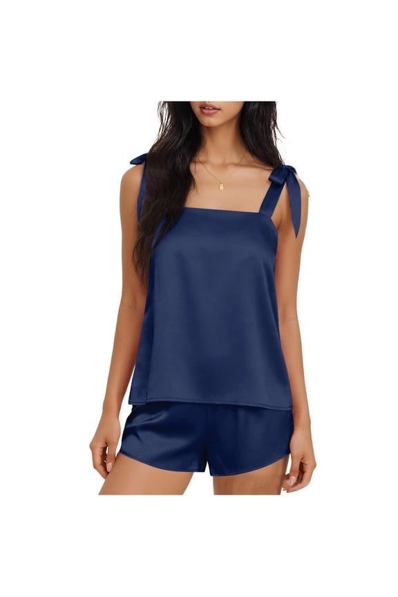 Summer Silk Pajamas Satin Tank Tops Cami Tank Top Shorts Adjustable Spaghetti Strap Pjs Loungewear Sleepwear Nightwear Bandage Top and Elastic Waist Short Pants Sets Blue XL