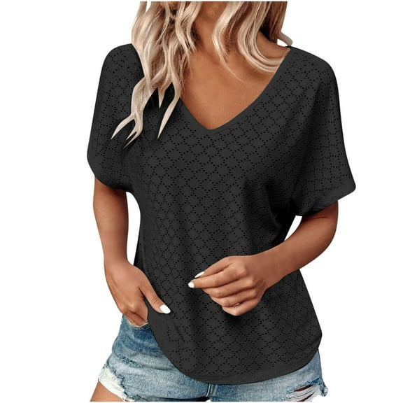 mihongmao Summer Tops for Women Under $10 Women's Fashion Solid Color Short-sleeved V-neck Loose Casual Tops