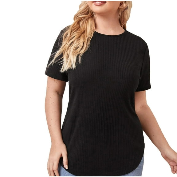 mihongmao Summer Tops for Women Under $10 Women's Plus Size Solid Color Tops Short Sleeve Round Neck Temperament and Leisure Shirt Tops