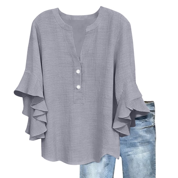 mihongmao Summer White Button Down Shirt Women Cotton Shirts Linen Tshirts Button Down Shirts Women's 3/4 Lace Sleeve V-neck Button Casual Print Loose Gray 3X