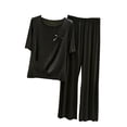thumbnail image 1 of mihongmao Summer Womens Sweatsuits 2 Piece Set Summer Outfits Women Fashion Round-Neck Casual Solid Short Sleeve Outing Long Pants Sets Black M, 1 of 5