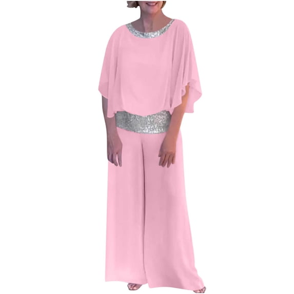 mihongmao Sweat Suits for Womens 2 Piece Y2k Outfits Women'S Spring/Summer Round Neck Loose Short-Sleeved Sequined Broad-Leg Pantsuit Pink XL