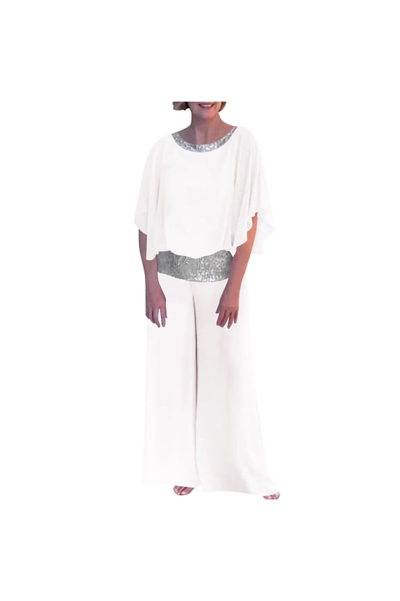 Sweat Suits for Womens 2 Piece Y2k Outfits Women'S Spring/Summer Round Neck Loose Short-Sleeved Sequined Broad-Leg Pantsuit White S