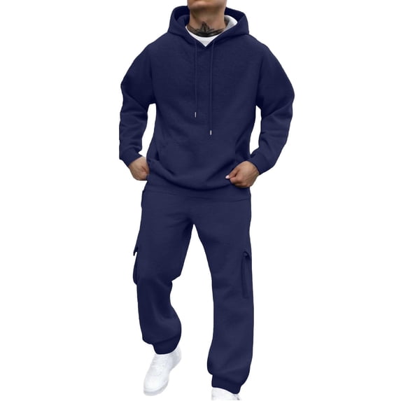 mihongmao Sweatsuits Men 2 Piece Outfit Fashion Men Casual Pullover Hooded Sports Solid Long Sleeve Trousers Elastic Waist Pant Drawstring Pockets Set Navy S