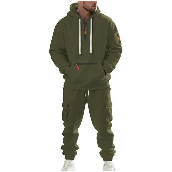 mihongmao Sweatsuits Men 2 Piece Outfit Man Style Solid Color Casual Fashion Zipper Pocket Hooded Long Sleeves Shirt Drawstring Waist Workwear Long Pants Sets Army Green 3X