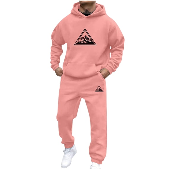 mihongmao Sweatsuits Men 2 Piece Outfit Men Casual Pullover Hooded Sports Print Long Sleeve Trousers Two-Piece Elastic Waist Tracksuit Pink M