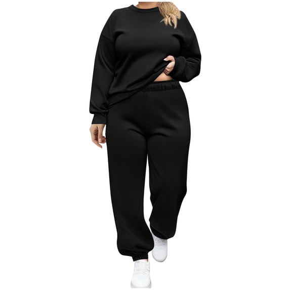 mihongmao Sweatsuits Women 2 Piece Outfit Plus Size Plus Size Women Fashion Round-Neck Long Sleeve Pullover Tops Sweatshirt Pocket Sweat Pants Casual Suit Sets Black 4X