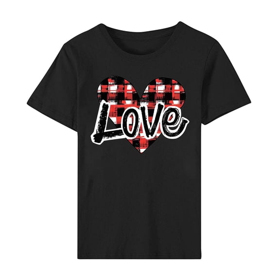 mihongmao Tee Shirts for Women Graphic Tee Women Short-sleeved Crew-neck Pullover Casual Valentine's Day Black S