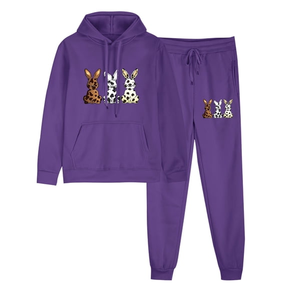 mihongmao Travel Outfits for Women Beach Outfits Women's Easter Print Athleisure Coat Trousers Hooded Hoodie Top Trousers Set Long-sleeved Hooded Suit Purple XL