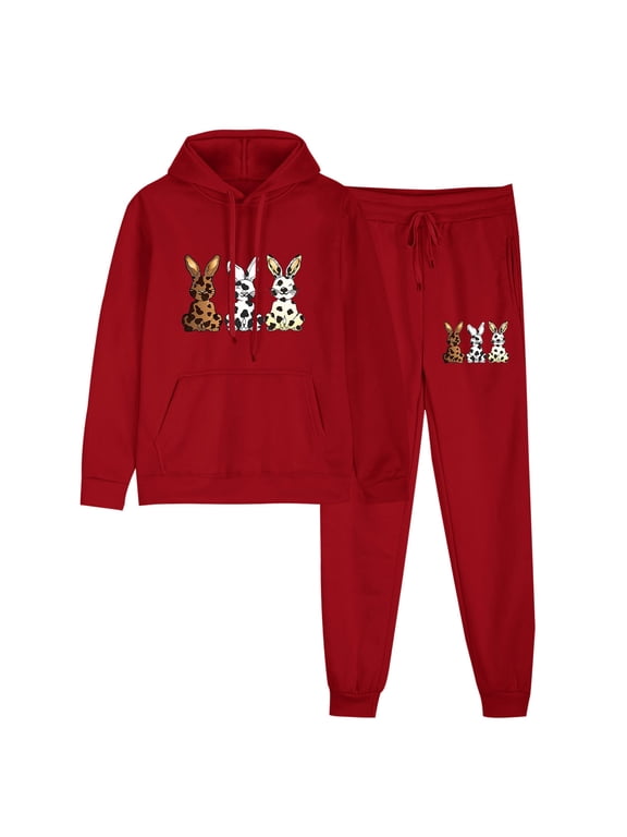 Travel Outfits for Women Beach Outfits Women's Easter Print Athleisure Coat Trousers Hooded Hoodie Top Trousers Set Long-sleeved Hooded Suit Red XL