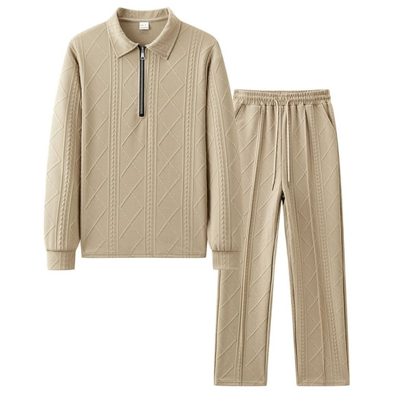 mihongmao Travel Outfits for Men 2 Piece Sets Men's Long Sleeved Solid Color Hooded Button Zipper Pocket Long Sleeved Pants Drawstring Set Khaki 2X