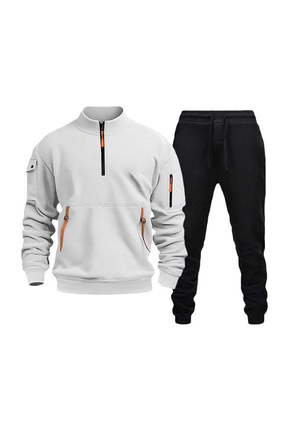 Travel Outfits for Men Casual Pullover Hooded Sports Solid Long Sleeve Trousers Two-Piece Elastic Waist Tracksuit White S
