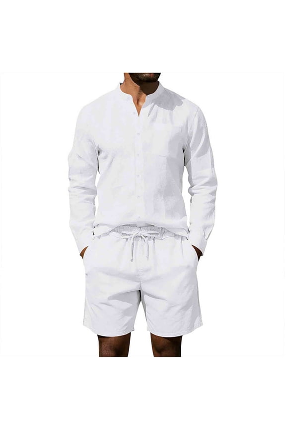 Travel Outfits for Men Solid-Color Casual Loose Sports Pocket Elastic-Waist Shorts Long Sleeve Trundown Collar Blouses Top Set White S
