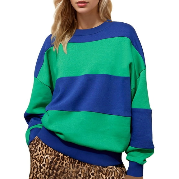 mihongmao Trendy Tops for Women 2026 Women's Fall Striped Print Sweatshirt Long Sleeved Crewneck Basic Tops Blouse,Womens Tops under $5 Green XL