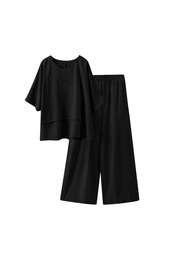 Two Piece Sets for Women Yoga Sets Women Summer Loose Casual Solid Color and Linen 3/4 Sleeved Tops+Pants Outwear Set Black 5X