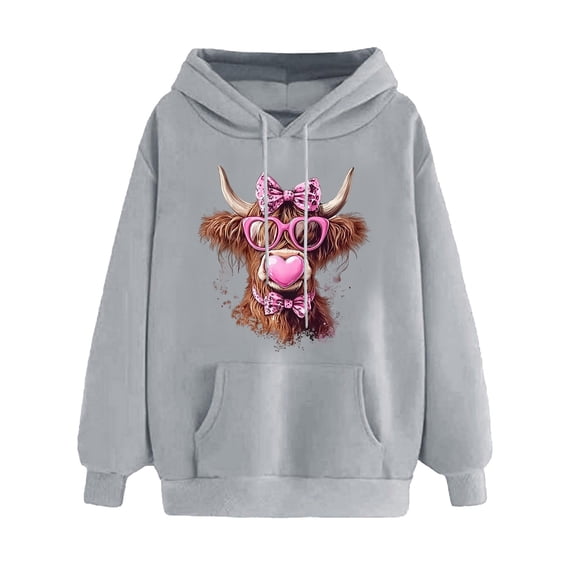 mihongmao V-Day Love Print Pullover Hoodie for Women Ladies' Valentine's Day Printed Long Sleeved Hooded Sweatshirt One Size Larger Gray S