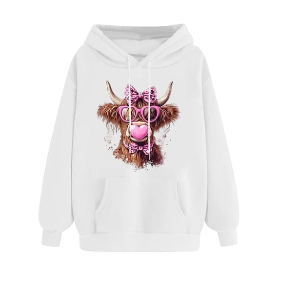 mihongmao V-Day Love Print Pullover Hoodie for Women Ladies' Valentine's Day Printed Long Sleeved Hooded Sweatshirt One Size Larger White S