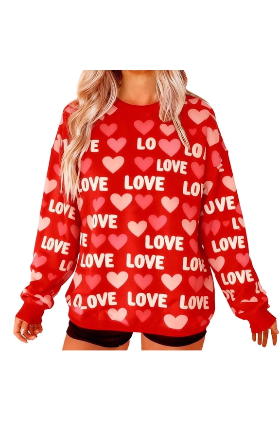 V-Day Love Print Pullover Hoodie for Women Tops Crew Neck Printing Oversized Sweatshirt Long-sleeved Top Hoodie Red S