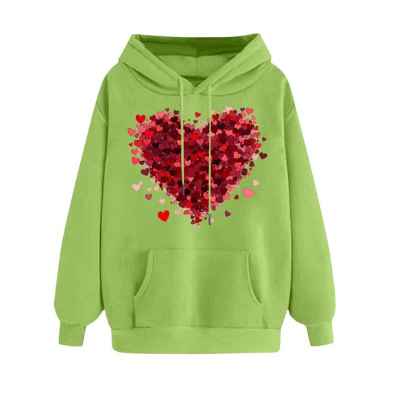 mihongmao V-Day Love Print Pullover Hoodie for Women's Printed Off Shoulder Sleeves Long Sleeved Hooded Sweatshirt Green S