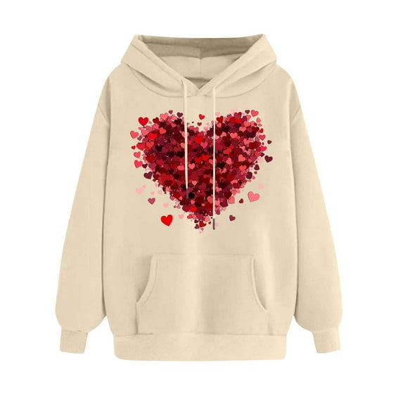 mihongmao V-Day Love Print Pullover Hoodie for Women's Printed Off Shoulder Sleeves Long Sleeved Hooded Sweatshirt Khaki L
