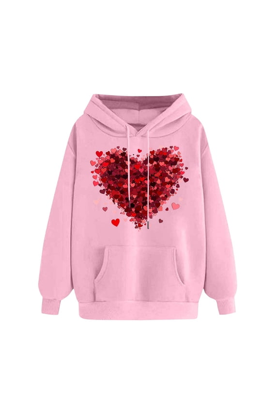 V-Day Love Print Pullover Hoodie for Women's Printed Off Shoulder Sleeves Long Sleeved Hooded Sweatshirt Pink 2X