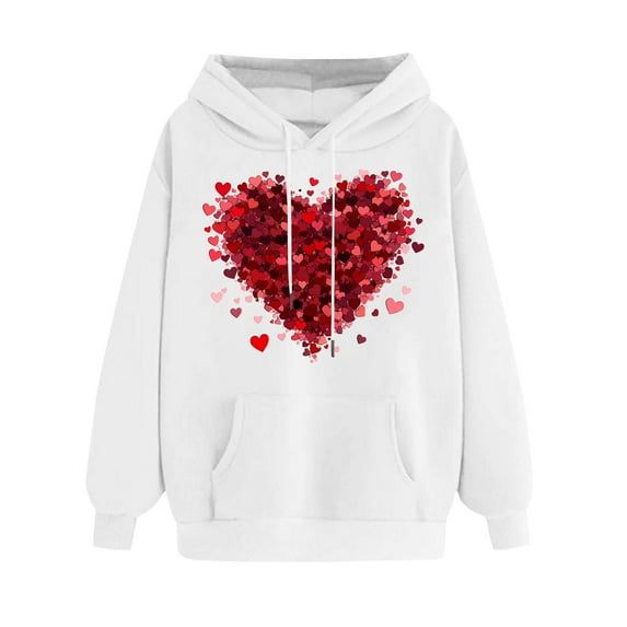 mihongmao V-Day Love Print Pullover Hoodie for Women's Printed Off Shoulder Sleeves Long Sleeved Hooded Sweatshirt White M