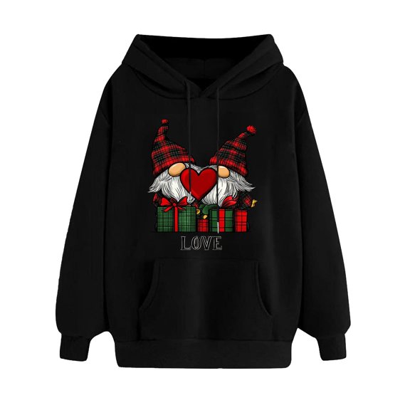 mihongmao V-Day Zip-Up Sweatshirt for Women Outdoor Ladies' Valentine's Day Printed Long Sleeved Hooded Sweatshirt One Size Larger Black S