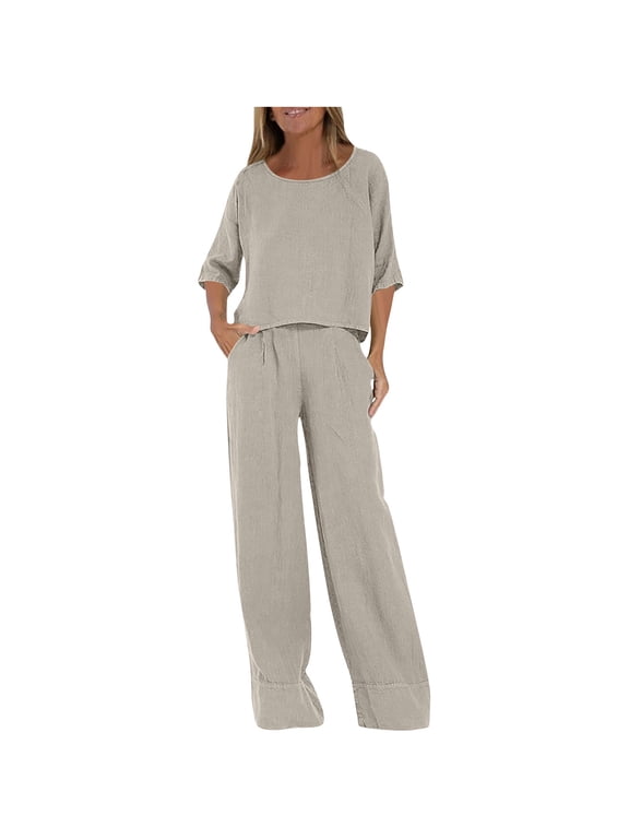 Vacation Outfit for Women Date Night Sets Women's Casual Loose Short-sleeved Trousers Suit Khaki 4X