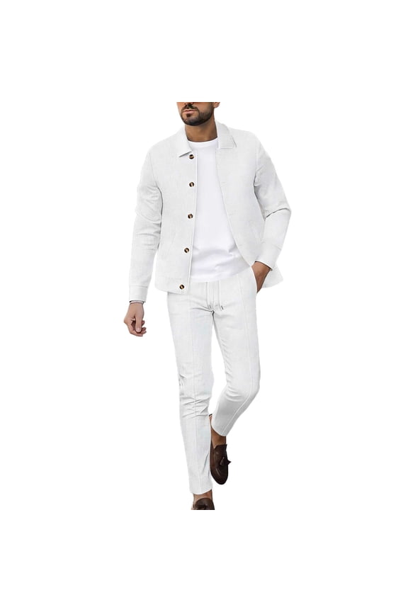 Vacation Outfits for Men Casual Long Sleeve Solid Color Collar Elastic Waist Drawstring Pocket Outdoor Sports Two-Piece Set White 2X
