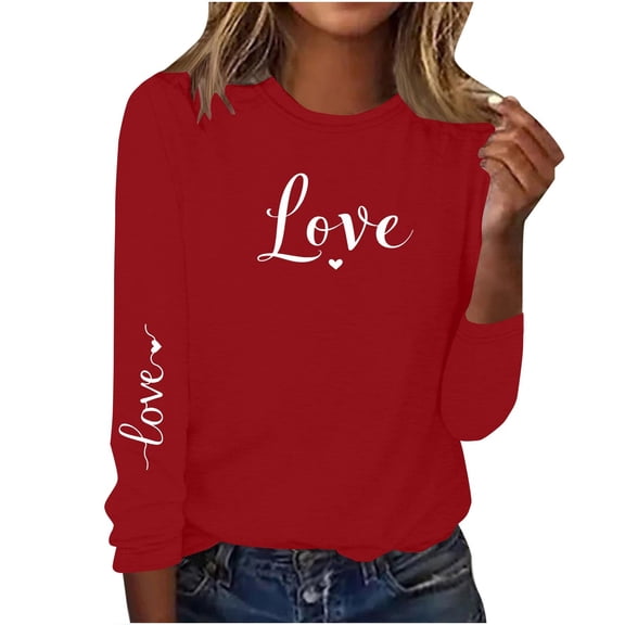 mihongmao Valentine Day Shirt for Women Long-Sleeved Round Neck Pullover Casual Printed Fashion Top T-Shirt Red S