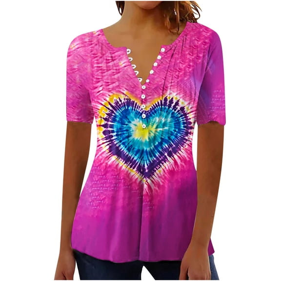 mihongmao Valentine Day Shirts for Women Valentine's Day Print Short Sleeved Shirt with V-neck Button Pleats Pink 3X