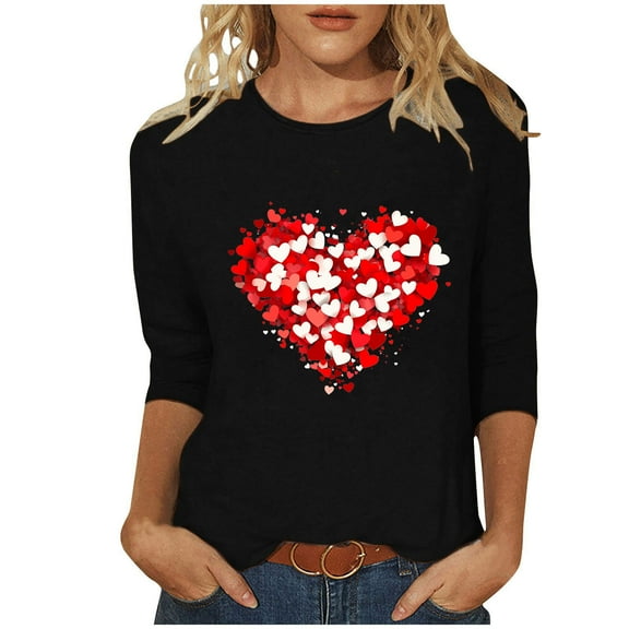 mihongmao Valentine Day Tops for Women Casual Printed Round Neck Three Quarter Sleeve 3/4 Sleeve T-shirt Top Black XL