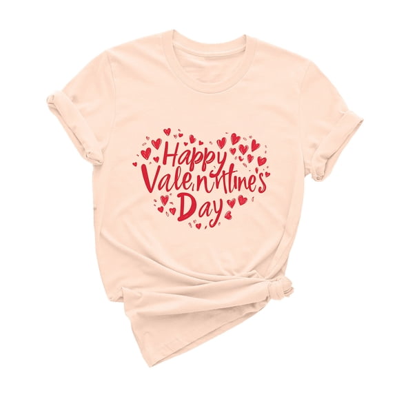 mihongmao Valentine Day Tops for Women Casual Round Neck Short-sleeved Christmas Tree Printed T-shirt Beige 2X