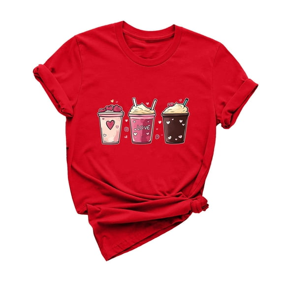 mihongmao Valentine Day Tops for Women Casual Round Neck Short-sleeved Christmas Tree Printed T-shirt Red XL