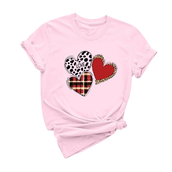 mihongmao Valentine Day Tops for Women Casual Short Sleeve Valentine's Day Printed T-shirt Crew-neck Short Sleeve Crew-neck Top/shirt Pink S