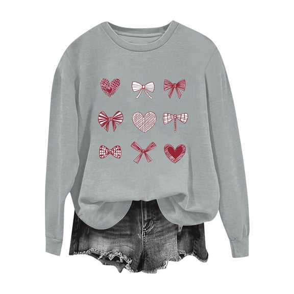 mihongmao Valentine Day Tops for Women Crew Neck Fashion Women‘s Casual Long Sleeve Printing Round Neck Loose T-Shirt Blouse Sweatshirts Top Gray M