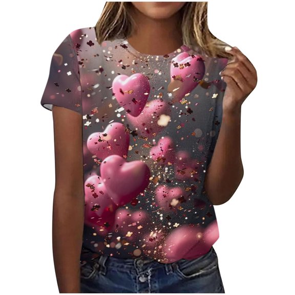 mihongmao Valentine Day Tops for Women Ladies' Valentine's Day Printed Casual Pullover Round Neck Short Sleeved Multicolor M