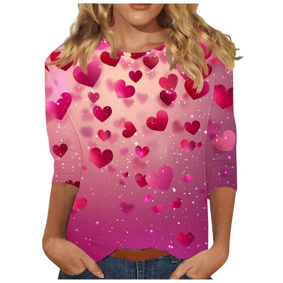 mihongmao Valentine Day Tops for Women Ladies' Valentine's Day Printed Round Neck Pullover with Three Quarter Sleeves T-shirt Multicolor XL