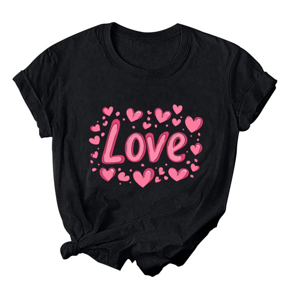 mihongmao Valentine Day Tops for Women Ladies' Valentine's Day Printed Round Neck Short Sleeved T-shirt Loose Casual Black S