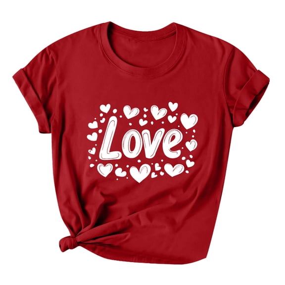 mihongmao Valentine Day Tops for Women Ladies' Valentine's Day Printed Round Neck Short Sleeved T-shirt Loose Casual Red S