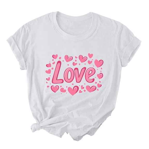 mihongmao Valentine Day Tops for Women Ladies' Valentine's Day Printed Round Neck Short Sleeved T-shirt Loose Casual White S